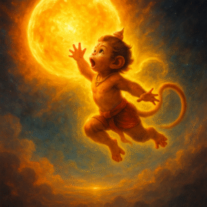 Lord Hanuman – The Embodiment of Strength, Bhakti & Wisdom 3 A vibrant illustration of Bal Hanuman, a child monkey god, flying playfully towards a massive, glowing sun, appearing to swallow it