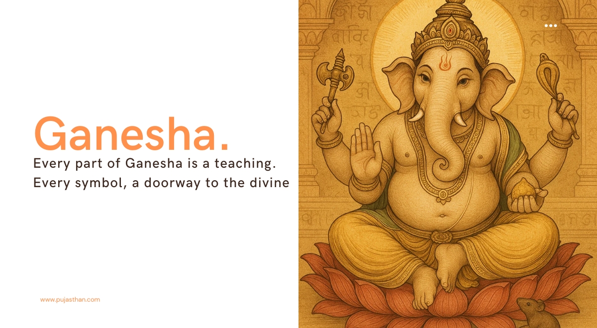 Ganesha Iconography: Meaning Behind His Symbols & Form 1 Illustrated breakdown of Ganesha’s elephant head, mouse, rope, and other spiritual attributes
