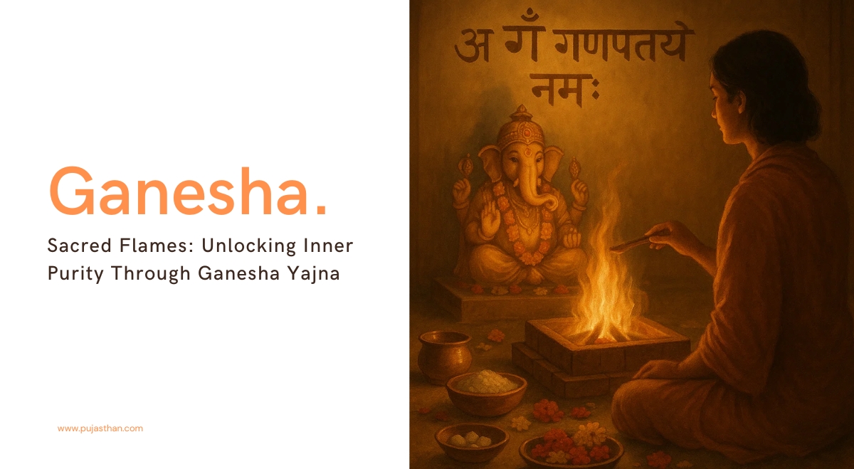 Sacred Flames: Unlocking Inner Purity Through Ganesha Yajna 1 Devotee offering ghee into sacred fire in front of Ganesha idol during homa