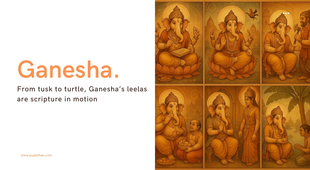 Ganesha Leelas: 6 Divine Acts and Their Deeper Meaning 6 Lord Ganesha performing key leelas like writing Mahabharata, racing his brother, and receiving humble offerings