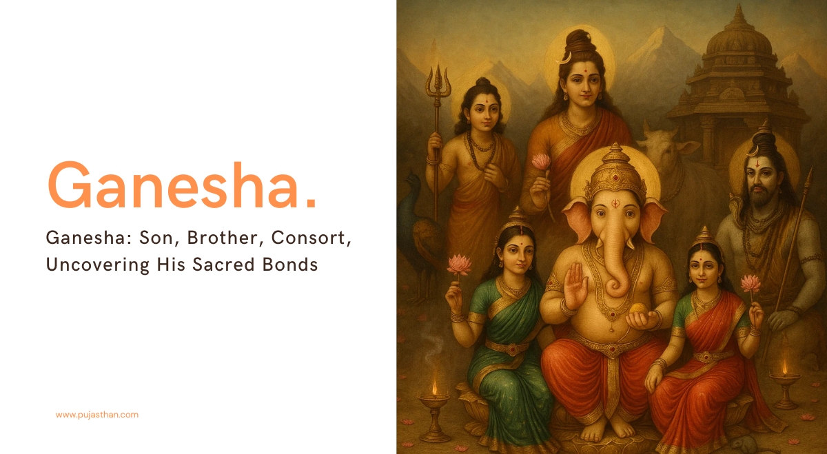 Ganesha’s Divine Relationships: Family, Consorts & Cosmic Bondings 4 Ganesha seated with his full divine family—Shiva, Parvati, Kartikeya, and his consorts Siddhi and Buddhi—in a sacred temple setting