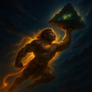 Hanuman Iconography & Symbolism – Decoding His Divine Form 2 Lord Hanuman flying through a dark, star-filled sky, carrying a glowing Sanjeevani mountain, symbolizing selfless service and healing power
