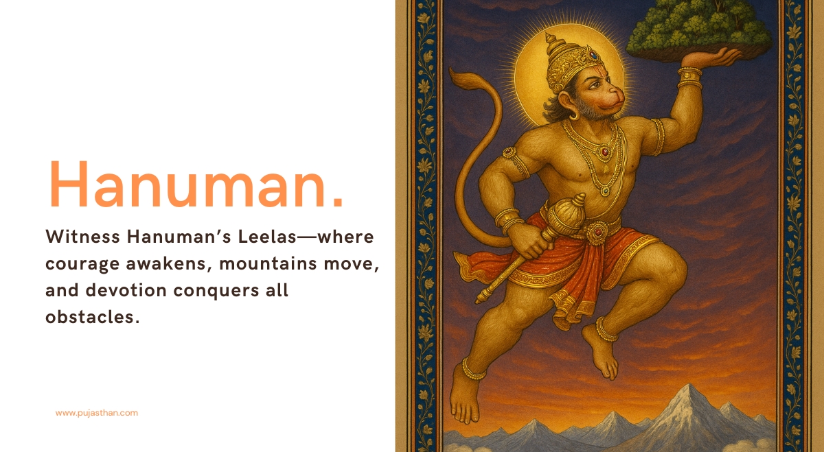 Hanuman’s Divine Leelas – The Miraculous Acts of Devotion and Courage 5 Illustration of Lord Hanuman flying across the twilight sky carrying the Sanjeevani mountain, adorned with golden ornaments and red dhoti, with glowing Himalayan peaks below.