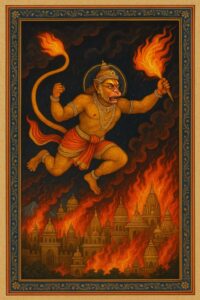 Hanuman’s Divine Leelas – The Miraculous Acts of Devotion and Courage 2 Illustration of Lord Hanuman leaping above burning Lanka with his flaming tail, wearing golden ornaments and a red dhoti, fierce expression, fire engulfing golden temple spires below.