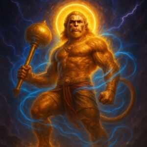 A majestic, hyperrealistic digital painting of Lord Hanuman, a powerful monkey god, standing with a golden mace, surrounded by dynamic multi-colored energy currents and subtle symbolic elements, against a cosmic nebula background.
