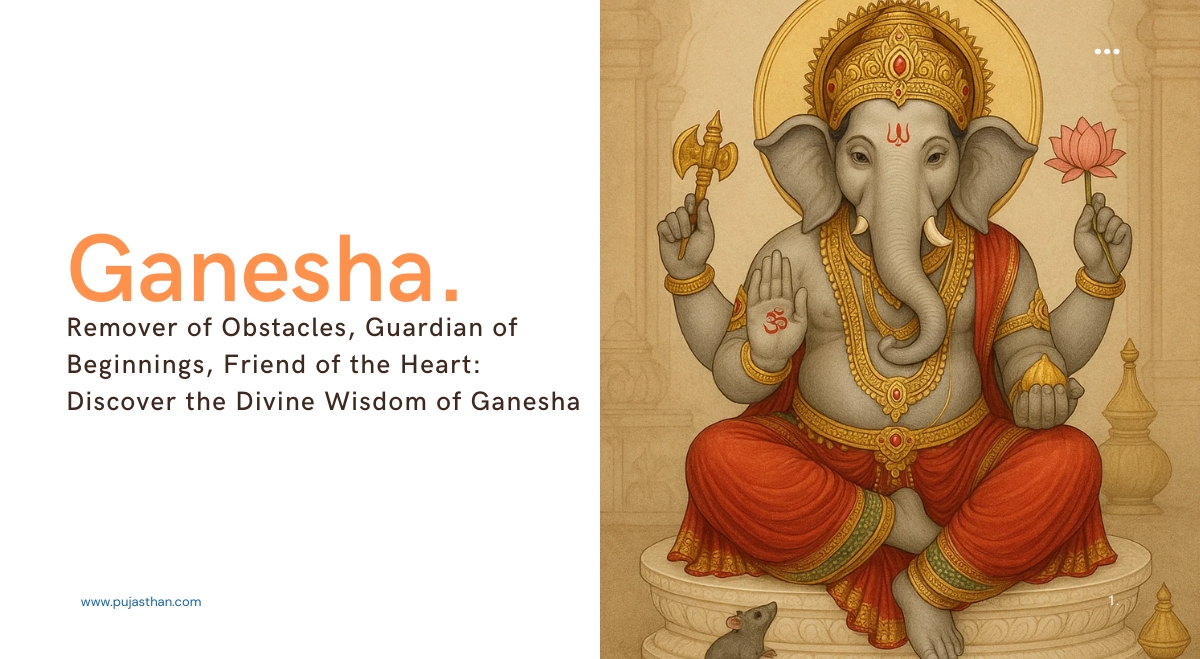 Who is Ganesha? Meaning, Myths, Symbolism & Worship 1 Illustration of Lord Ganesha seated in lotus posture holding modaka, noose, and lotus, with a mouse at his feet, symbolizing wisdom and spiritual strength