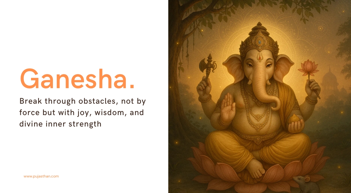 Life Lessons from Ganesha: Ancient Wisdom for Modern Living 1 Artistic image of Lord Ganesha seated on lotus, symbolizing spiritual wisdom and joy