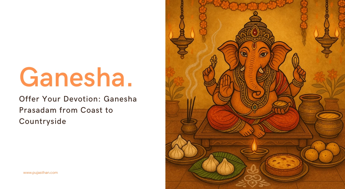 Ganesha Puja & Offerings Across India: Rituals, Recipes & Regional Traditions 2 Lord Ganesha seated with offerings like modaka, payasam, ladoos, and banana rasam arranged from different Indian states