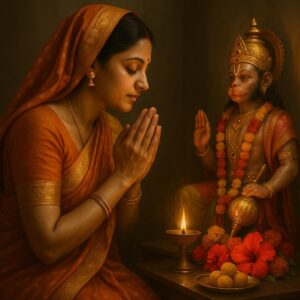 Lord Hanuman – The Embodiment of Strength, Bhakti & Wisdom 4 A Hindu woman in a saffron sari kneels at a home altar, offering prayers and lit lamps to a Hanuman idol, capturing a devotional ritual
