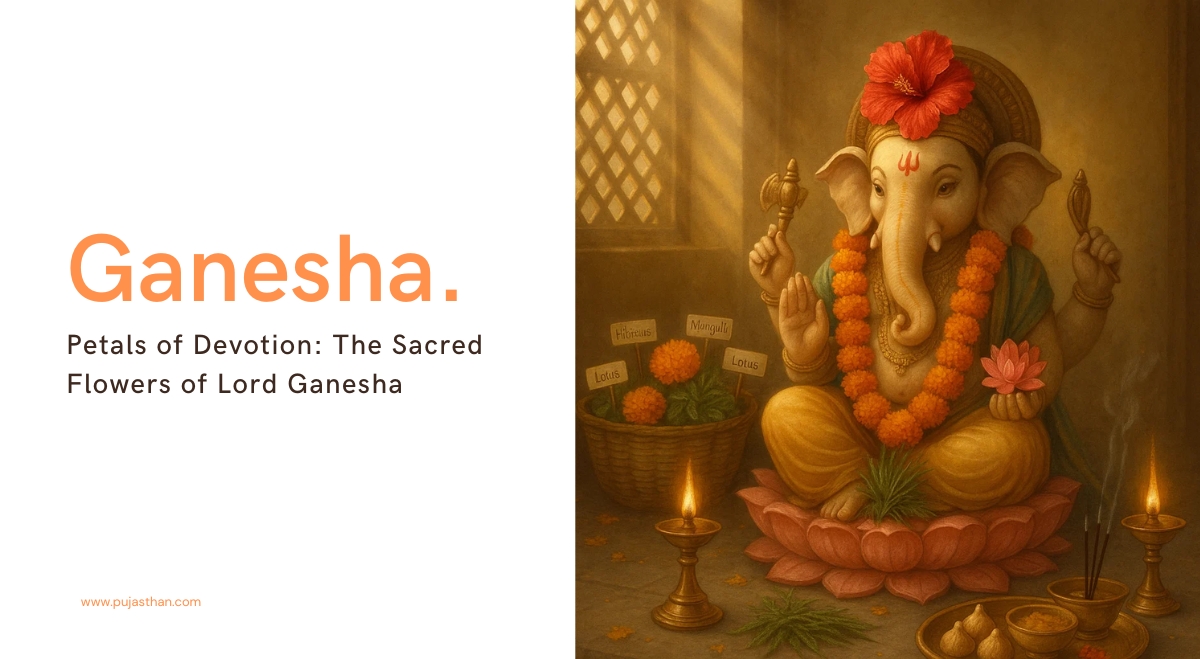 Favorite Flowers of Ganesha – Symbolism, Scriptures & Devotional Insights 1 Ganesha idol with hibiscus, marigold, lotus and durva grass flower offerings