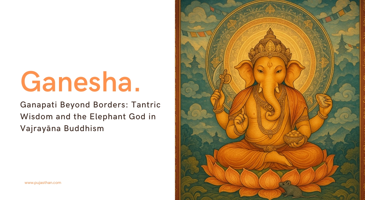 Ganesha in Buddhism: The Tantric Journey of Ganapati Across Traditions 1 Peaceful Buddhist depiction of Ganapati seated on a lotus with spiritual symbols in thangka art style