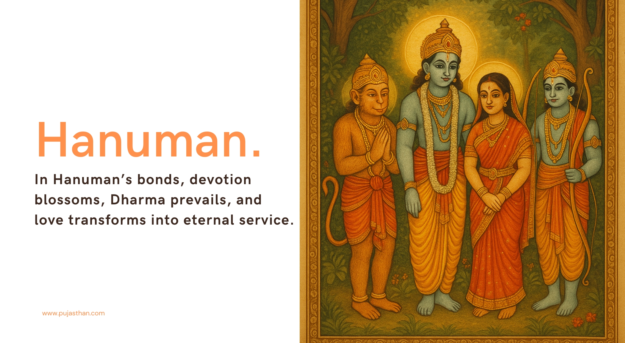 Hanuman’s Divine Relationships – Bonds of Devotion, Service, and Dharma 4 Hanuman with Lord Rama, Sita, and Lakshmana symbolizing divine relationships and devotion