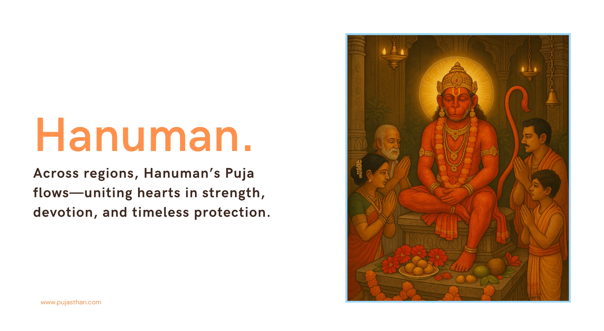 Hanuman Puja & Offerings – Rituals and Regional Variants Across Traditions 2 Hanuman Puja with regional offerings, flowers, ladoos, and devotees praying in a temple setting