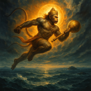 Lord Hanuman – The Embodiment of Strength, Bhakti & Wisdom 2 Hanuman, a powerful, muscular monkey god, depicted mid-leap over a turbulent dark ocean, holding a golden mace, with a radiant aura and dramatic stormy sky